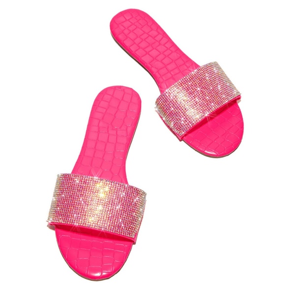 NEW🔥Neon Pink Rhinestone Slides Sandal Flip Flops - Picture 3 of 5